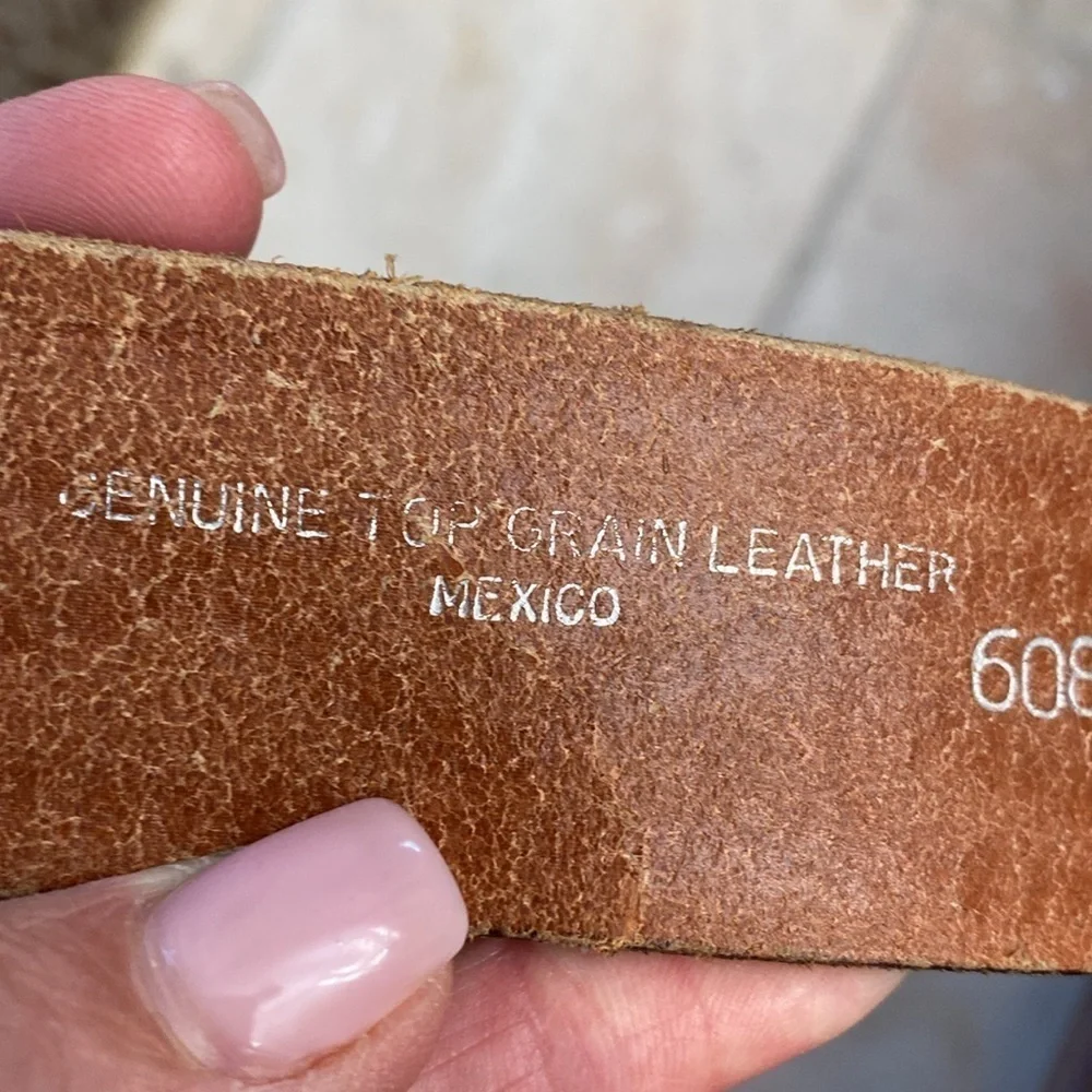 Genuine Leather Belt Brown Cognac Tulled silver buckle distressed Mexico
